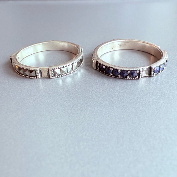 Marcasite & Lapis Reverse Set Gemstone Sterling Silver Two Stacking Band Rings - Picture 5 of 9